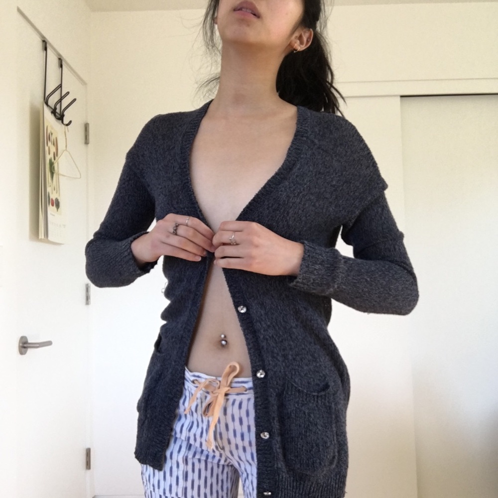 blue open-knit cardigan